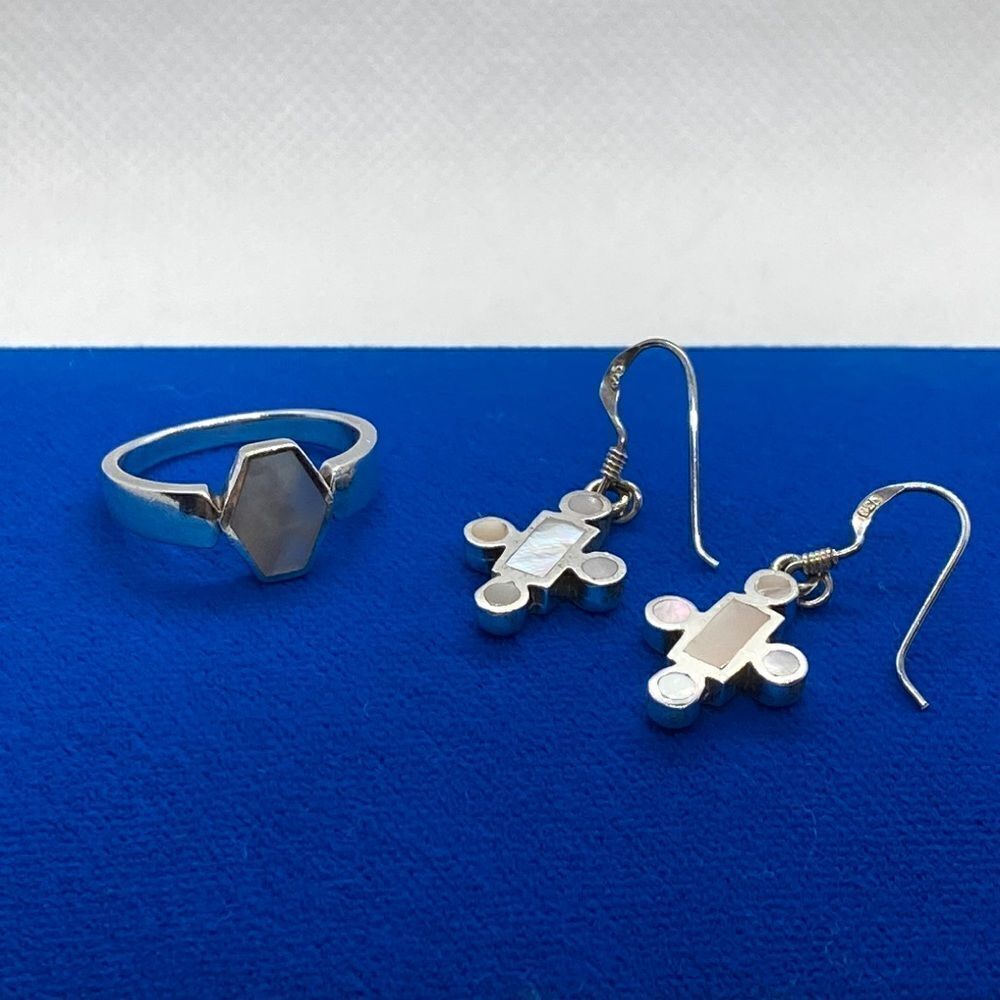 💛 925 Vintage Mother Of Pearl Geometric Ring & Earring Set